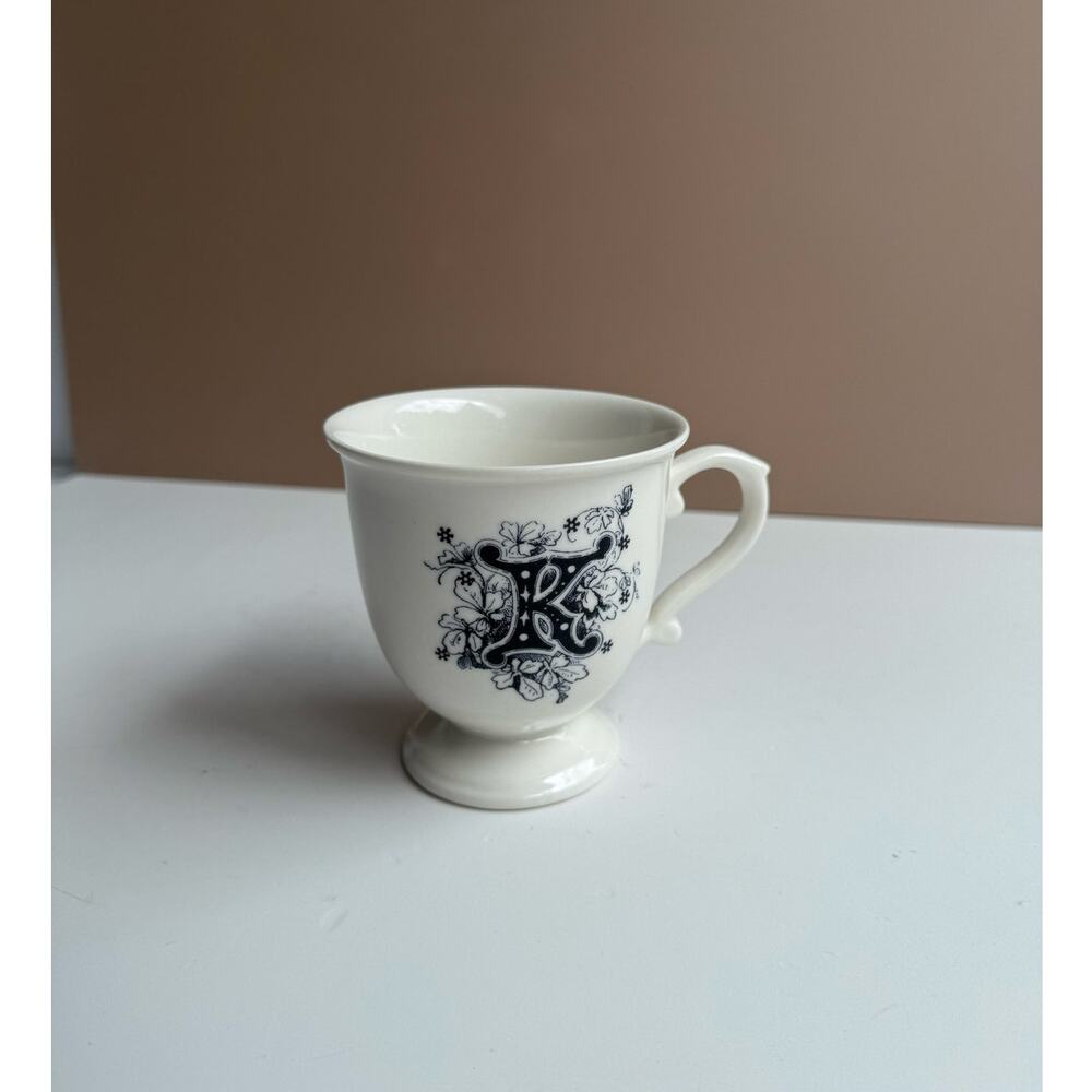 Anthropologie Initial K Mug | White Pedestal Coffee Cup | Black Floral Monogram